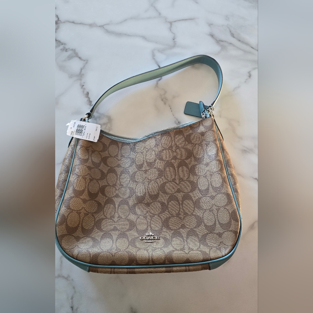Coach Signature Tan and Blue Hobo Bag